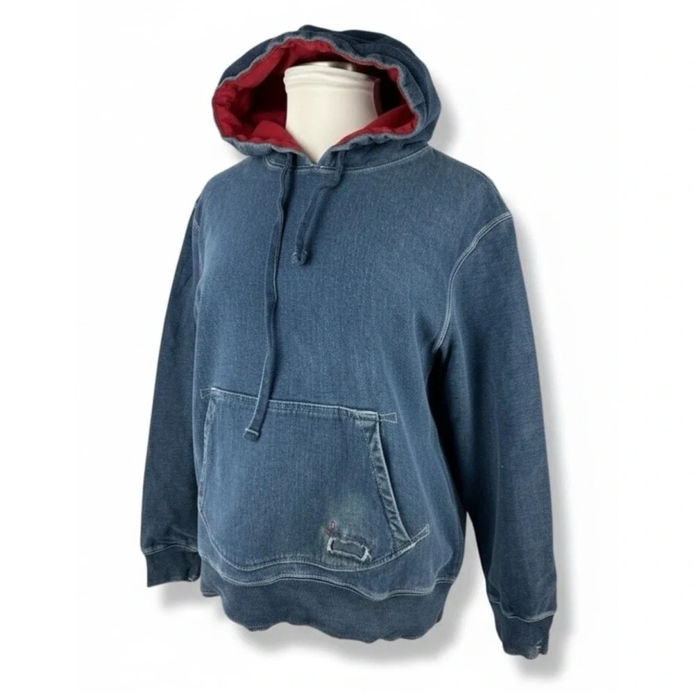 Vintage Gap x RED Hoodie Large Navy Distressed LS Fleece Lined Street Grunge Y2K - Picture 1 of 16